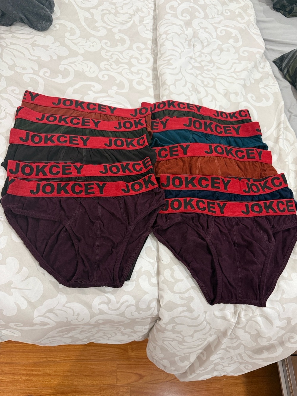 Qty 10Jockey Men's Briefs in Burgundy, Teal, Rust, Black, and Plum